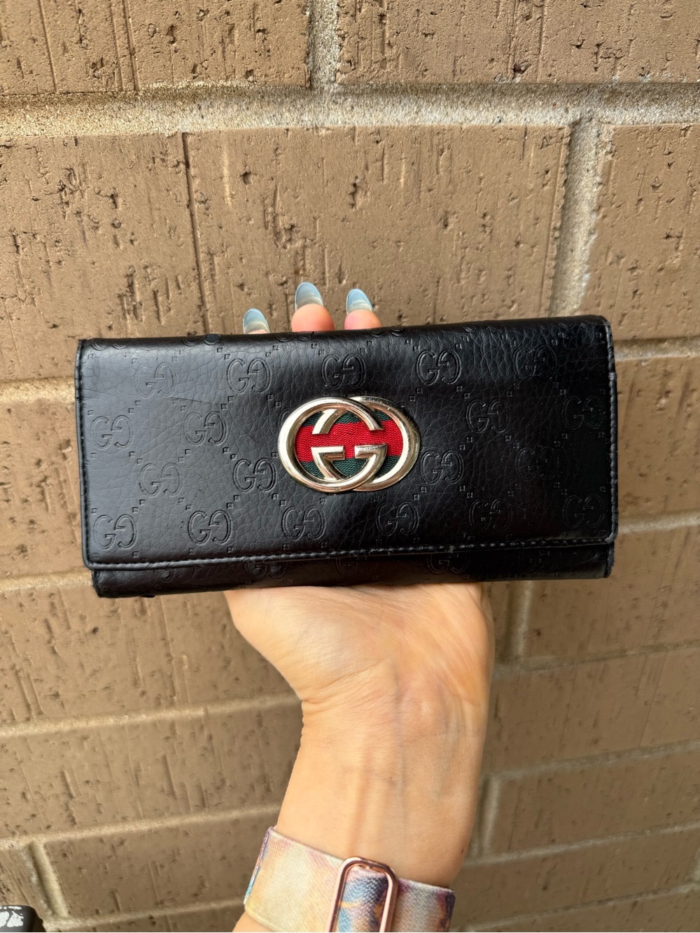 Gucci Black Embossed Leather Continental Wallet with Red Accent Logo